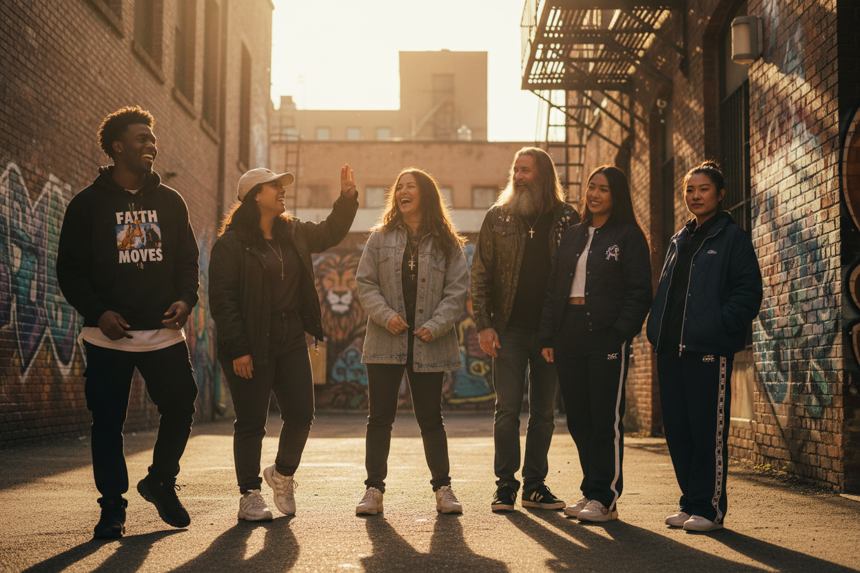 Cinematic streetwear image of a bold Christian people Strong contrast lighting,,  urban environment. Having fun,  confident expression. regular mix of people. Unapologetic, 