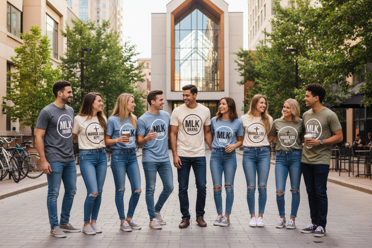 nondenominational church street wearing sneakers jeans and wearing MLK Brand t-shirts  and Marked.Led.Kept T-shirts